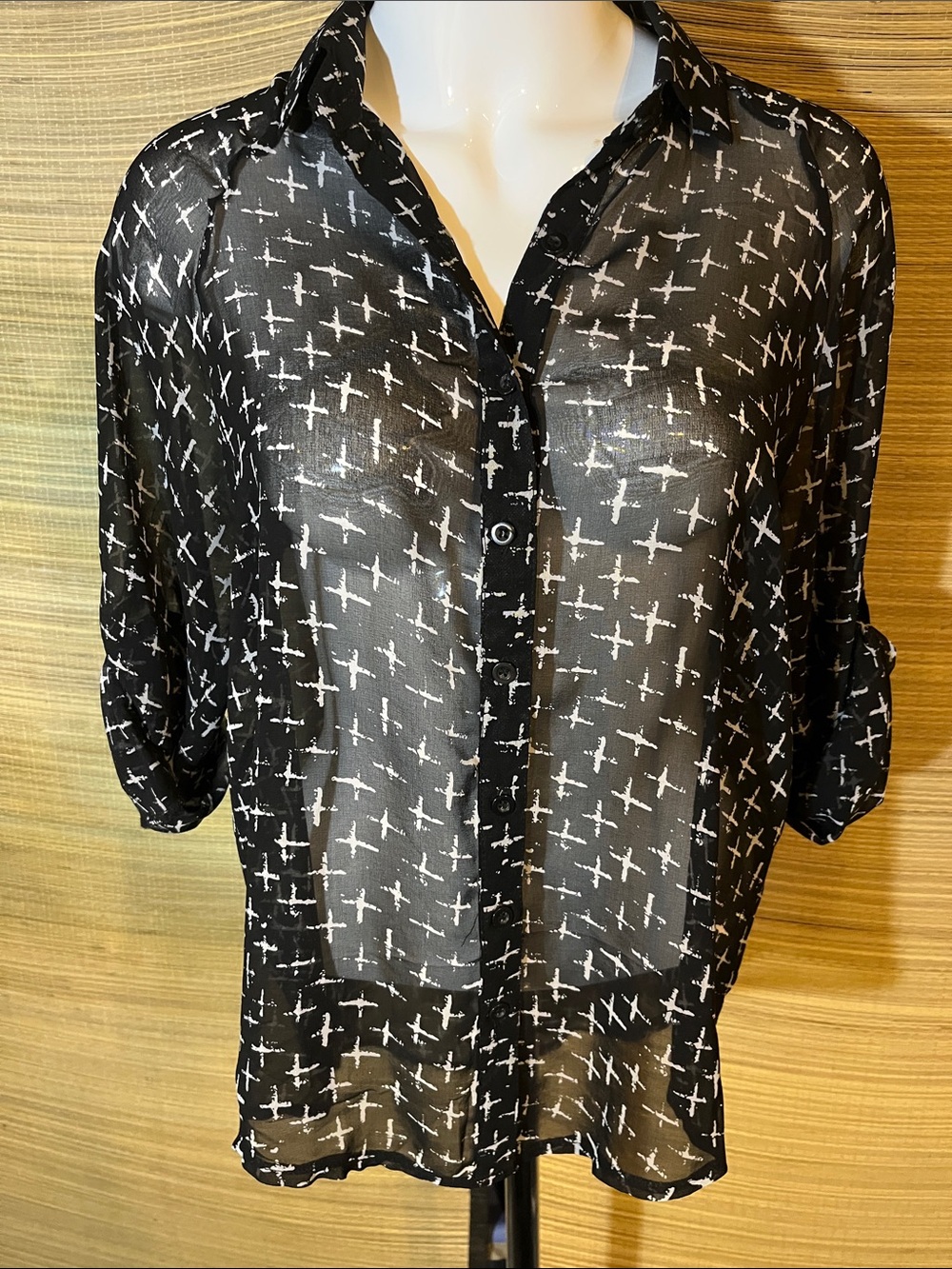 Black Sheer Button-Up Blouse with White Cross Print
